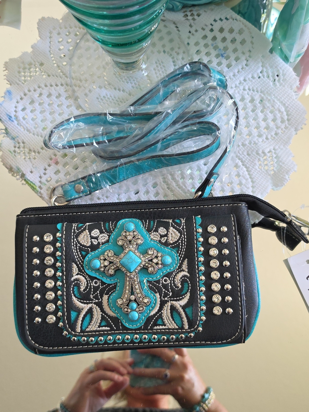 Wrangler Black and Turquoise Cross Embellished Crossbody Wallet